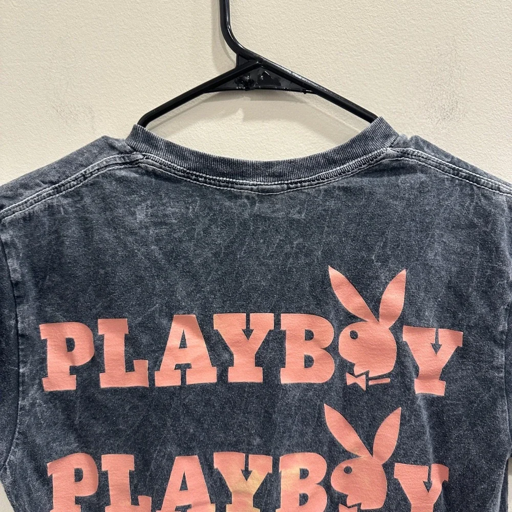 Playboy Acid Wash Graphic T-Shirt Gray Pink Bunny Logo Short Sleeve Small Grunge - Picture 5 of 7